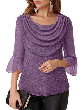 Women's Violet Cowl Neck Blouse Dressy Casual Outfit 3/4 Sleeve Sparkly Top